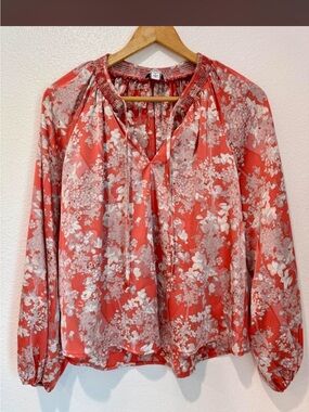Evereve Coral Pink Floral Tie-Neck Blouse